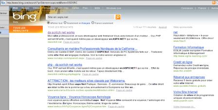 Rechercher sur Bing.com “Site en aspx.net” , mon propre site personnel est à la fois en première et troisième position. À noter Weborama en quatrième et un site de voyance en cinquième position.