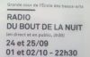 Grande cour de l'École des beaux-arts

Radio du Bout de la Nuit (en direct et en public, 2h30)
24 et 25/09 -
01 et 02/10 - 22h30 -