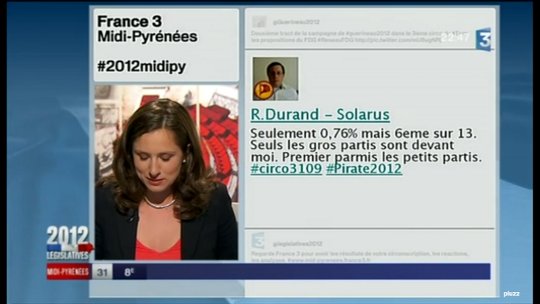 @Solarus0

Seulement 0,76% mais 6eme sur 13. Seuls les gros partis sont devant moi. Premier parmis les petits partis. #circo3109 #Pirate2012 