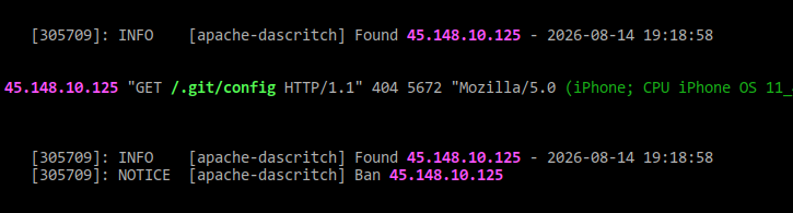 Capture d'un extrait de log combiné du serveur Apache et fail2ban qui vient de bannir une adresse IP